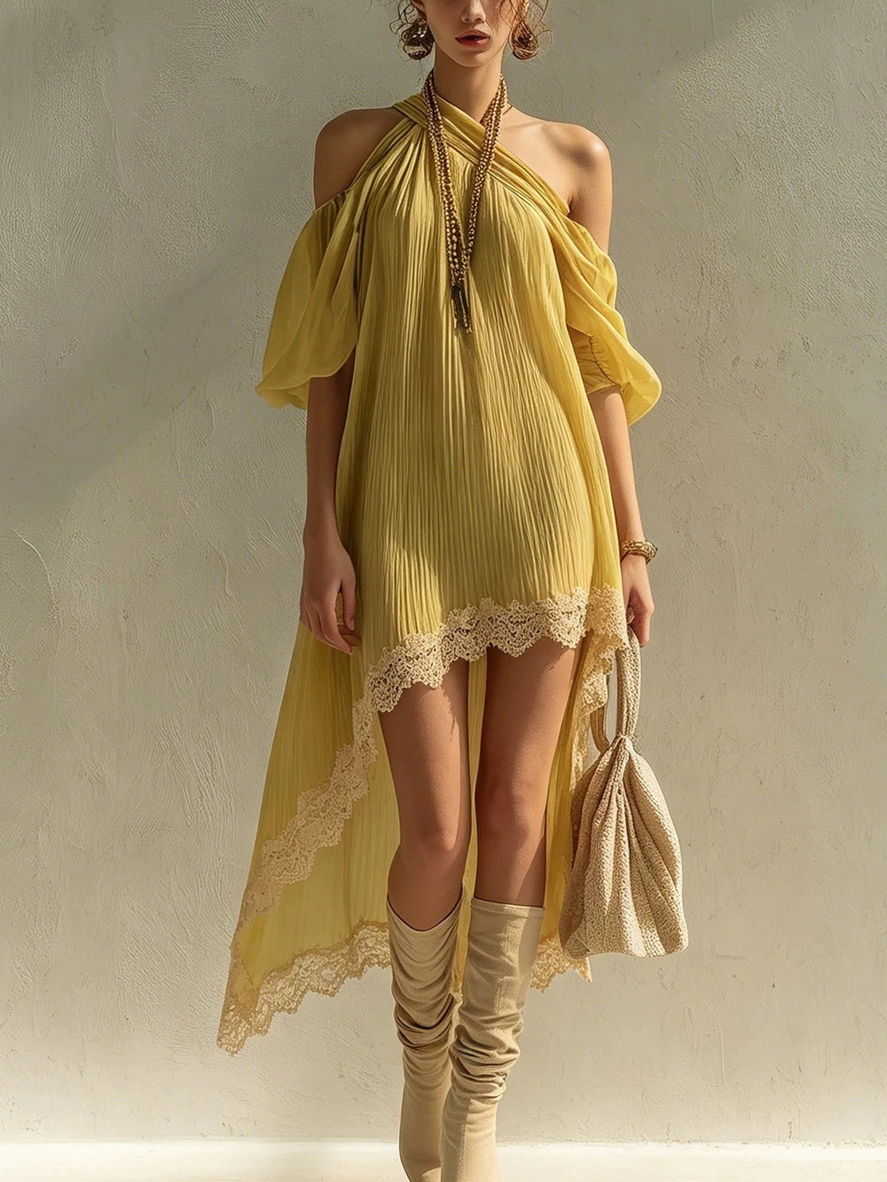 ZARA Yellow Halter Neck Ruffle Asymmetric Lace Patchwork Vacation Maxi Dress
